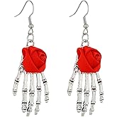 Agriajun Gothic Halloween Silver Skeleton Hand Red Black Rose Earrings for Women, Goth Punk Skull Hook Earings Costume Accessories Prom Fashion Gift