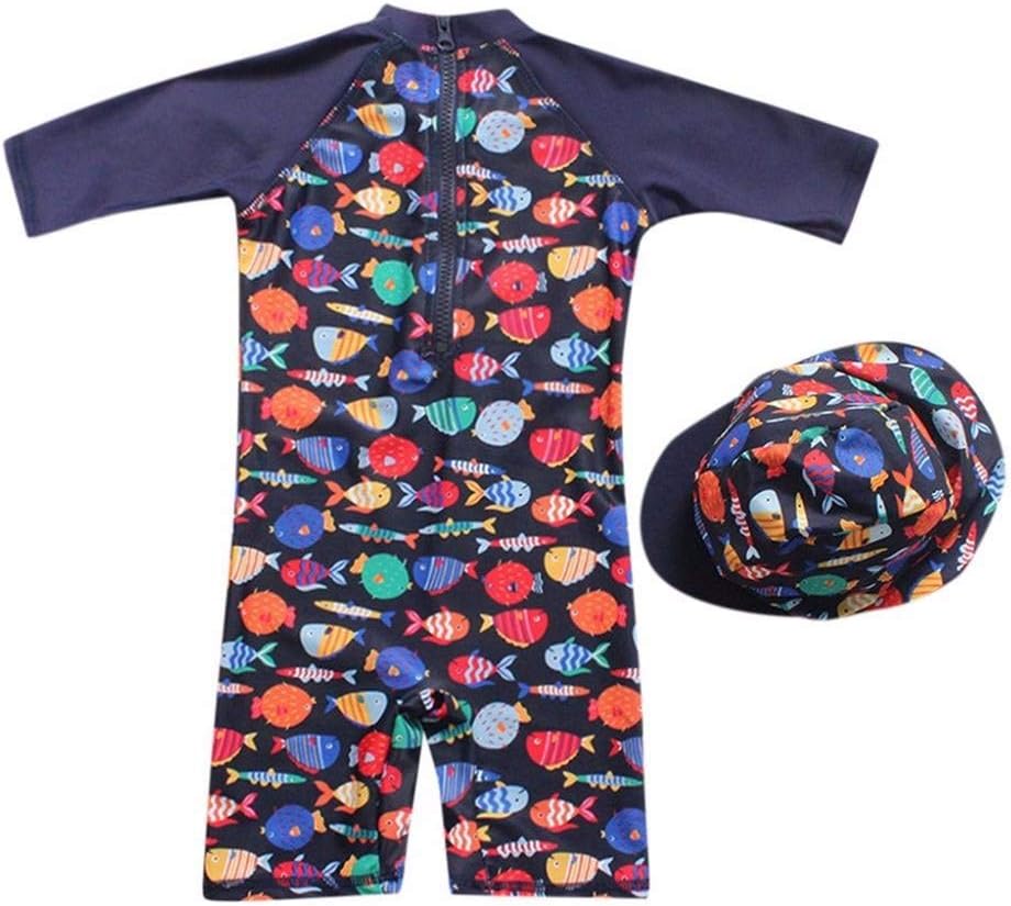 Zerototens Baby Swimming Costume,1-8 Years Old Toddler Girls Boys Long Sleeve Cartoon Fish Print One Piece Swimsuit+Hat Beach Swimsuit with UPF 50+ Sun Protection