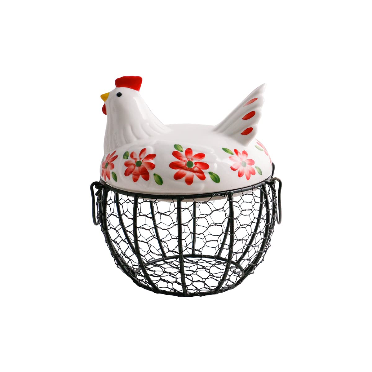 Kitchen Storage Metal Wire Egg Basket with Ceramic Farm Chicken Cover Fresh Egg Holder/Organizer Case/Container