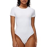 NANJI Short Sleeve Bodysuit for Women - Crew Neck Slim Fit Thong Body Suit, Stretch Double Lined Snap Tops, Casual Going Out