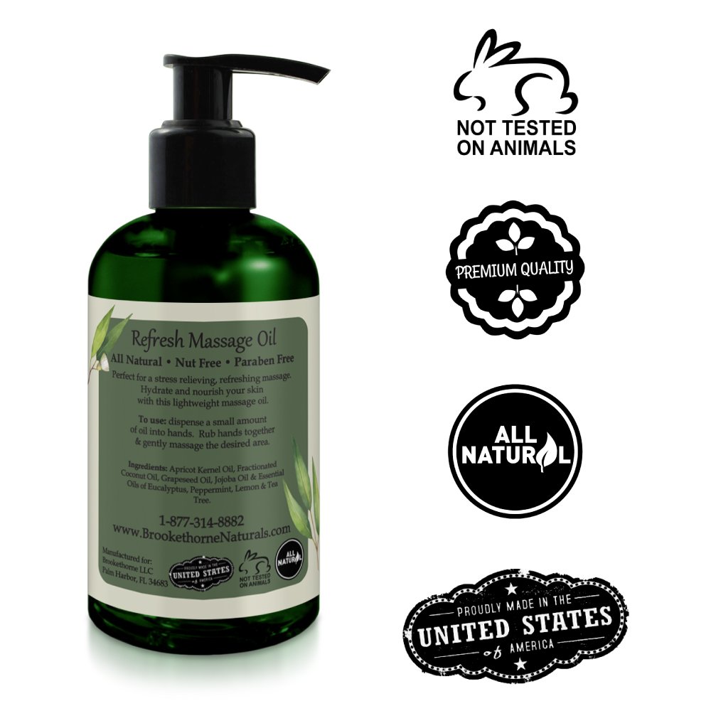 Refresh Massage Oil with Eucalyptus & Peppermint Essential Oils - Great for Massage Therapy. Stress Relief & All Natural Muscle Relaxer. Ideal for Full Body Massage – Nut Free Formula 8.5oz : Beauty