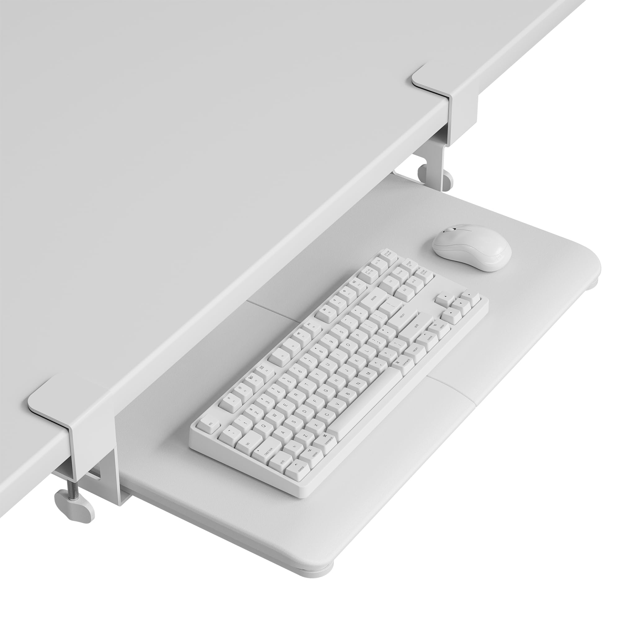 Photo 1 of **FOR PARTS ONLY / HAS DAMAGED ASSEMBLY PIECES** BONTEC KMT01-PJ Under Desk Keyboard Tray, Pull-Out Keyboard & Mouse Platform with C-Clamp, 20 x 11.8 in Space-Saving Ergonomic Slide-Out Drawer, White