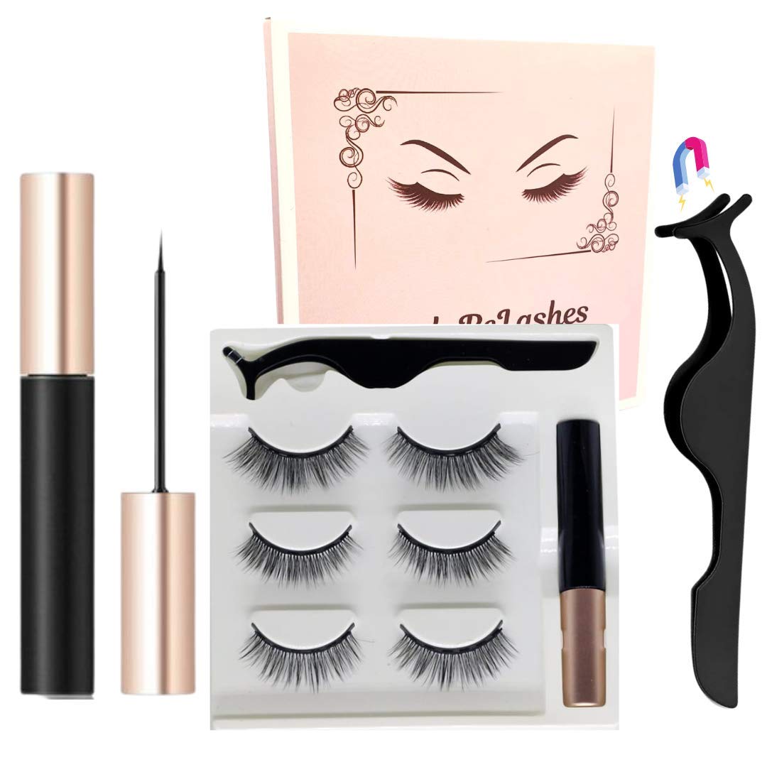 3 Pairs Reusable Magnetic Eyelashes and Magnetic Eyeliner Kit, Natural look 3D Magnetic Eyelashes With Lash Applicator Tool, [No Glue Needed] [Extra Strong Hold]