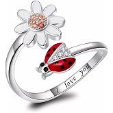 oGoodsunj Sterling Silver Ladybug Daisy Leaves Rings Bug Jewelry for Women | Cute Lady Bug Jewelry for Daughter Granddaughter