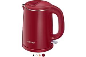 Secura Stainless Steel Double Wall Electric Kettle Water Heater for Tea Coffee w/Auto Shut-Off and Boil-Dry Protection, 1.0L (Red)