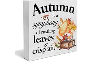 HEIJIE Autumn Wood Box Sign Art Desk Decor Fall Wood Block Sign with Saying Autumn Is a Symphony of Rustling Leaves and CrIsp Air Sign Decor 5 X 5 Inches for Tabletop Shelf Wall