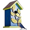 2025 Spring Chirping Blue Bird House for Outside, Cedar Wood Bird Houses for Outdoor, Wall Pole Post Mounted, Metal Roof Longtime Weatherable, Colorful Vintage Style Nest Box,1.25" Entrance Hole