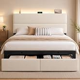 UHTN Queen Bed Frame with 2 Storage Drawers, Beige Velvet Upholstered | Platform Bed with Charging Ledge, LED Headboard Lighting, Metal Support, Noise Free, No Box Spring Needed, Easy Assembly