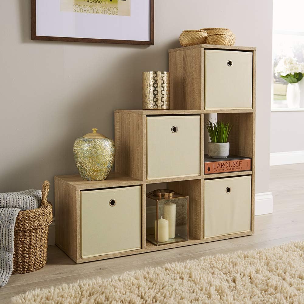 Home Source Step Style Storage 6 Cube Bookcase Oak Effect 90cm Wide