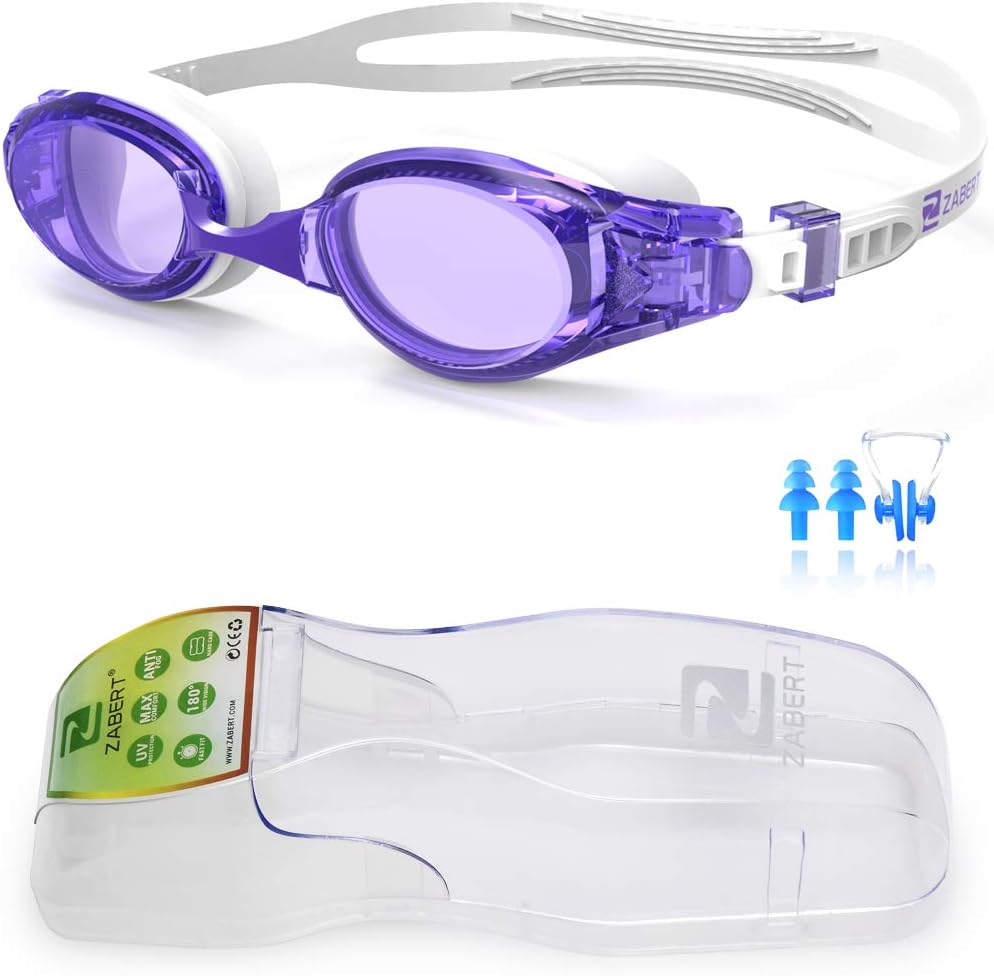 ZABERT Adults Swim Goggles,Pro Swimming Goggles for Women Men Youth Kids Age 8+ Years - Clear/Tint Lens Anti-Fog/UV Large Size Wide View NO Leak Comfort- Indoor/Open Water - Free Ear Plugs Nose Clip