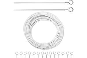 Curtain Wire: Wire Curtain Hanging System with 10m Plastic-Coated Spring Rope, 25 Screw Eye Grommets and 25 Question