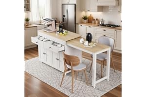 74.5 Inch Kitchen Island with Extendable Dining Table, Rolling Storage Cart with Spice Rack and Wheels (Off White)