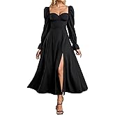 JKMNAO Women High Slit Long Sleeve Maxi Dress Fall Wedding Guest Sweetheart Neckline Casual Long Dresses