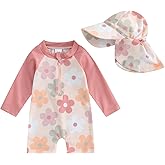 Kiluex Toddler Boy Long Sleeve One-Piece Swimsuit Cute Fish Shark Pattern Rash Guard Swimsuit with Hat Beach Bathing Suit