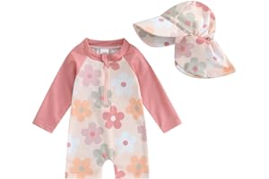 Fanvereka Newborn Infant Baby Girl Summer Fall Rash Guard Swimsuit Bodysuit Bathing Suit Long Sleeve Hat Toddler Beachwear