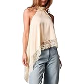 Women's Y2k Halter Mock Neck Top Sleeveless Lace Trim Asymmetrical Hem Going Out Tank Tops