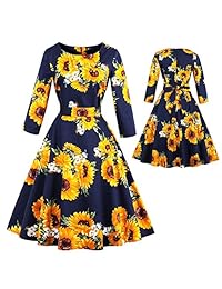 Vestido con patrón de girasol para mujer, diseño floral, tres cuartas