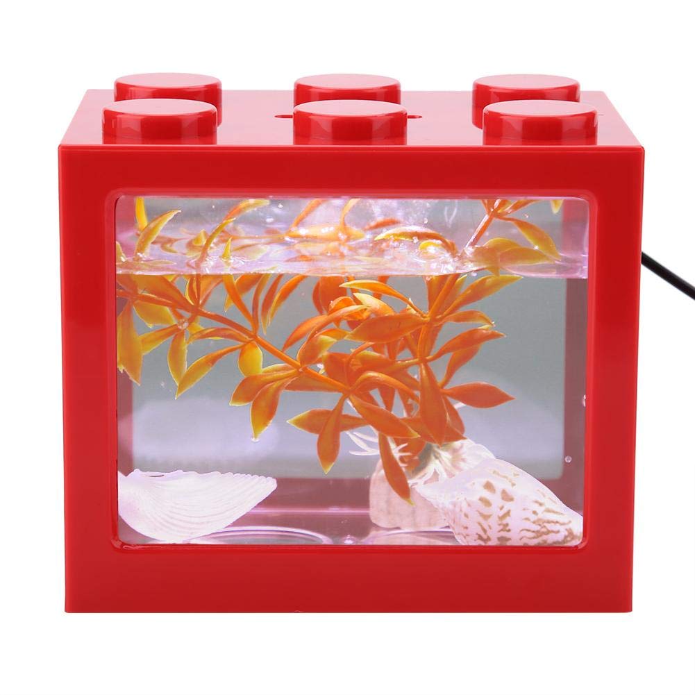 Aquarium Fish Tank Decorative Mini Aquarium USB LED Light Lamp Fish Tank Desktop Lamp Fish Tank for Box Office Tea Table Decor(Red)