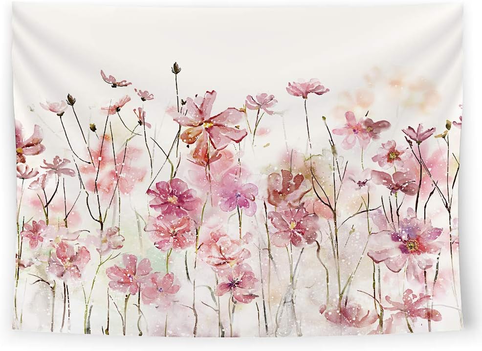 SUMGAR Pink Flowers Tapestry Wall Hanging Romantic Floral Wildflower Plants Nature Scenery Tapestries Decoration for Bedroom Living Room, 80 x 60 inch
