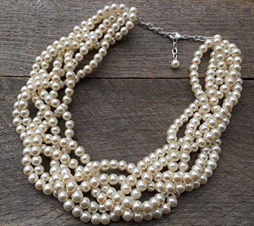 Six Strand Cream Off White Braided Pearl Chunky Statement Necklace 24"