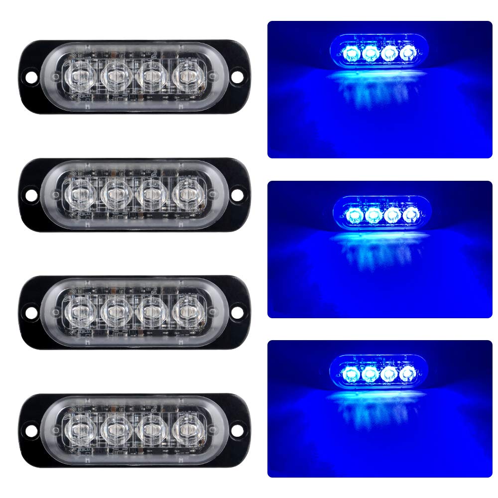 4pcs Ultra Thin 4LED Emergency Warning Lights Blue Hazard Flashing Strobe Light Side Warning Light Beacon Light Universal for 12-24V Vehicle Truck Trailer Caravan Camper Motorcycle Van