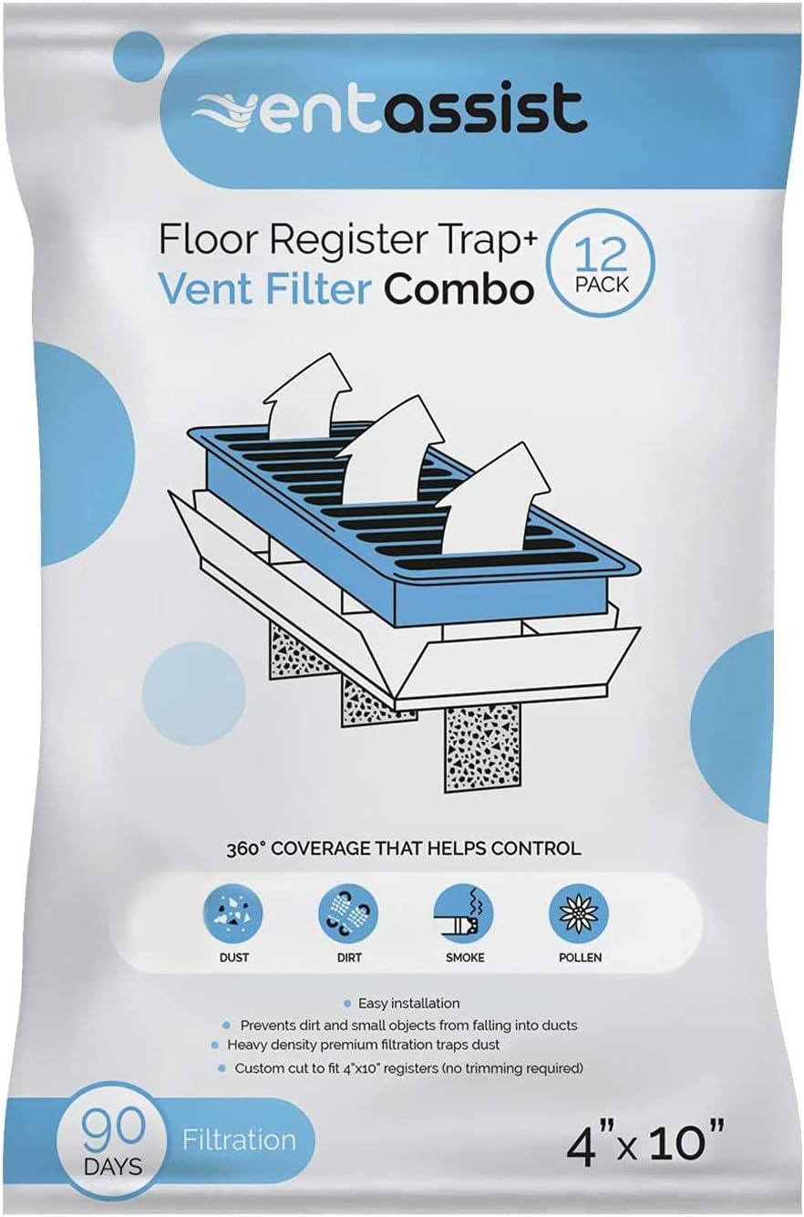 Registers, Grilles & Vents - Vent Assist Floor Register Vent Grate Trap and Air Filter Combo - Filtration for House HVAC Ventilation - Helps Control Dust and Pollen - Pre Cut (Standard, 4 Inches x 10 Inches, 12 Pack)