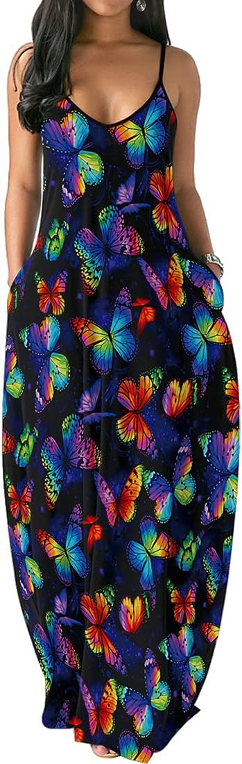 OLIPHEE Women's Women's Beach Dress Sundress Floral Printed Maxi Dresss with Pocket Casual Loose Bohemia Beachwear Cover…
