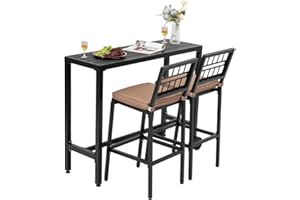 FKLUG Patio Bar Dining Set,Outdoor Durable Bar Height Table & Cushioned Bar Stools, Metal Bar Table and Chairs Set for Balcony, Backyard, Porch, Poolside (3pcs with 47" Table-2)
