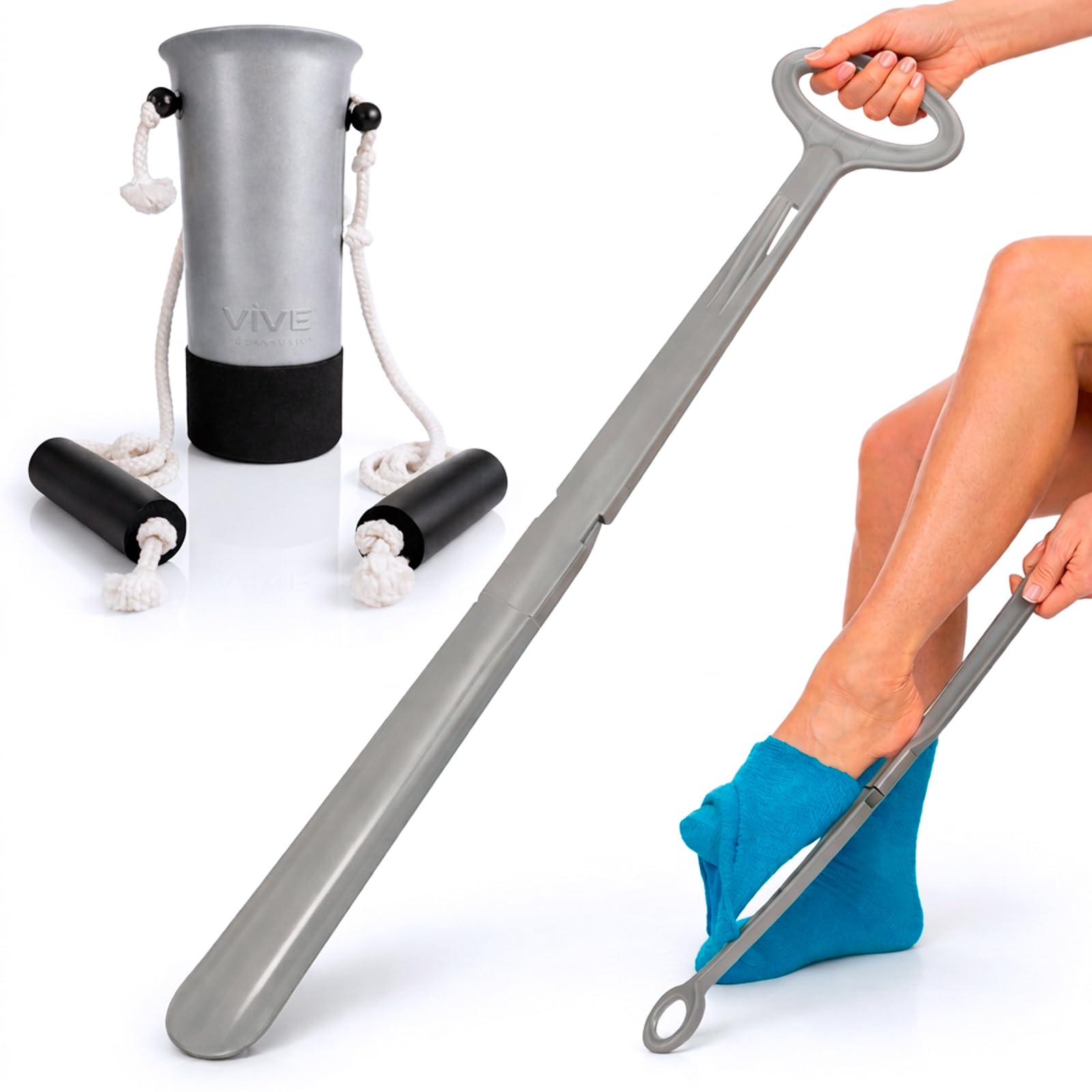 Vive Sock Aid Kit with Shoe Horn - Long Handled Remover for Men, Women, Senior - Adjustable Plastic Reach Assist - Stocking Helper Tool for Elderly, Pregnant, Diabetic - Travel Assistance Device