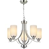 MELUCEE 5 Lights Chandeliers for Dining Room Traditional Chandelier Classic Pendant Light Brushed Nickel with Milky White Gla