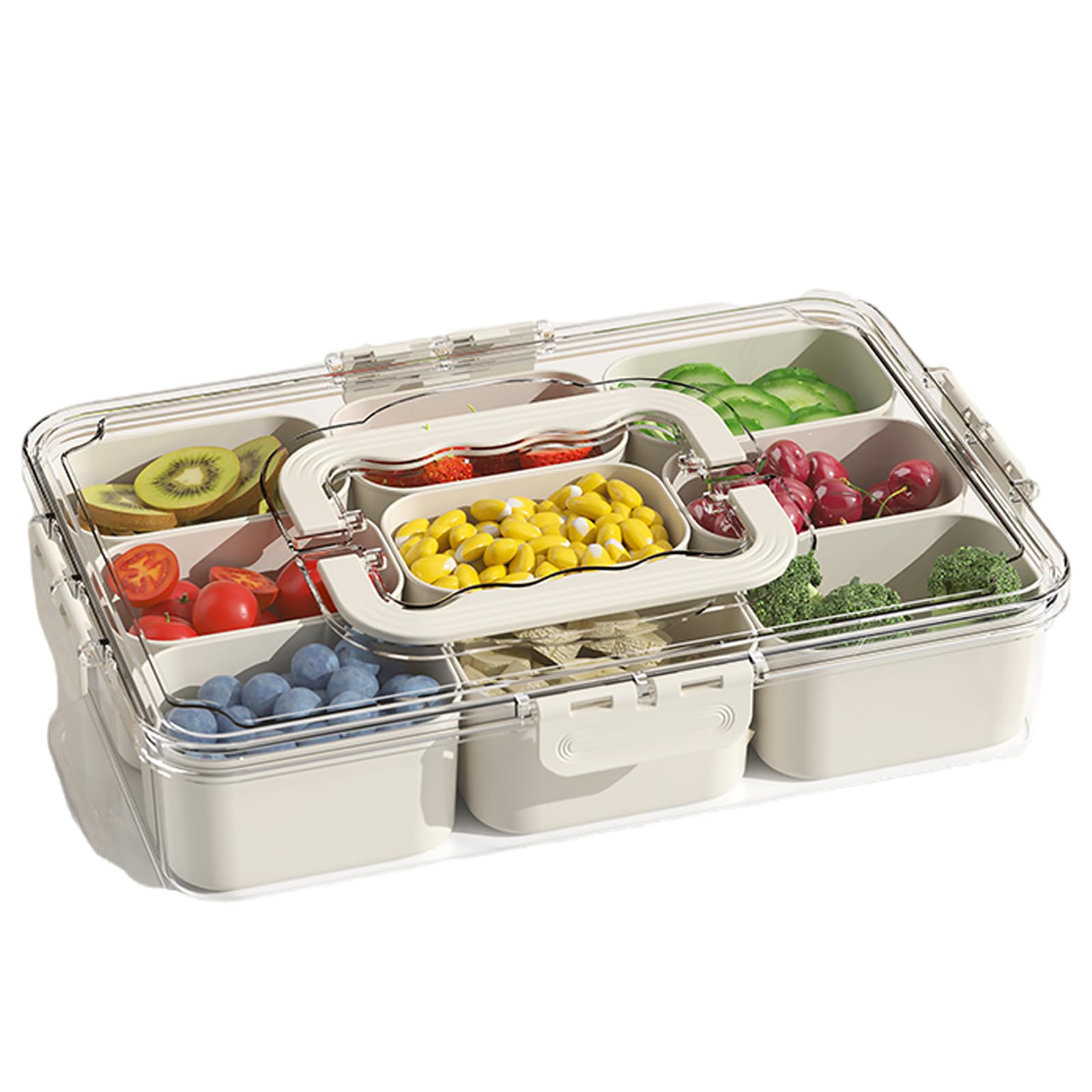 Photo 1 of Divided Veggie Tray with Lid and Handle 9 Compartment Serving Tray with Dividers Portable Travel Snack Containers Stackable Snackle Box Charcuterie Container for Fruit,Vegetable,Salad (9 Containers)