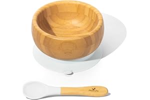 Avanchy Bamboo Baby Bowl with Spoon and Removable Silicone Suction Base – Non-Toxic, BPA-Free Feeding Bowl for Babies and Toddlers – Natural Bamboo Suction Bowl, White