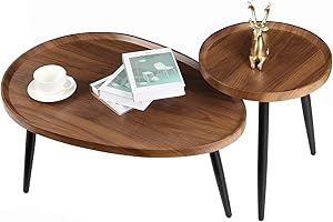 Oval Coffee Nesting Table Wood: 2 Set Large 32" and Small Round Tables 16" MDF Wooden Tabletop Sofa Side Table with Metal Tri