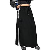 BEAUDRM Women's Plus Size Stripe Side Cargo Skirt Drawstring Elastic Waist Maxi Long Skirts