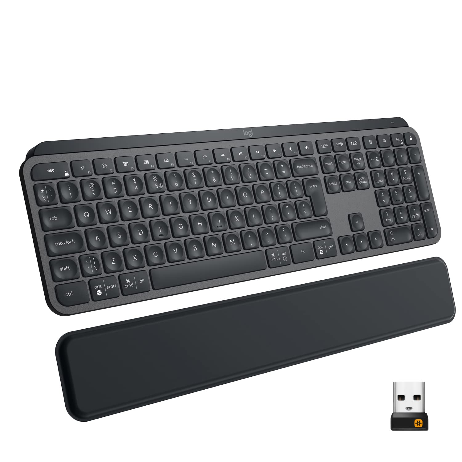 Logitech MX Keys Plus wireless illuminated keyboard with palm rest, tactile keyboard control, Bluetooth, USB-C, Apple MacOS, Microsoft Windows, Linux NL English QWERTY, graphite