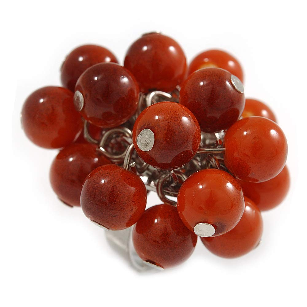 Avalaya Brown Ceramic Bead Cluster Ring in Silver Tone Metal - Adjustable 7/8