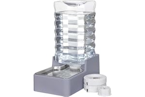 Sfozstra Automatic Lagre Water Dispenser: 9L Dogs Stainless Steel Gravity Light Gray Upgraded Feeder - Two Caps and Filters - Convenient Designed for Multiple Pets