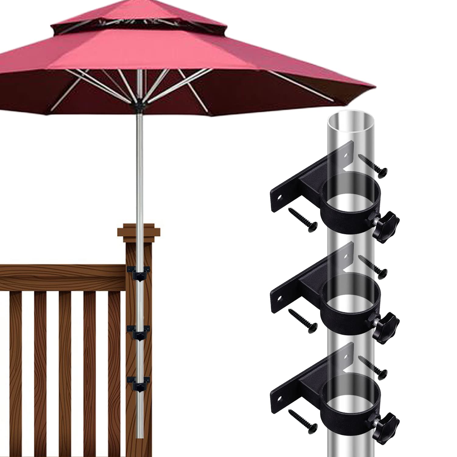 VANROUG Parasol Clamp Bracket, Patio Umbrella Holder Outdoor Clamp Mount Bracket for Deck Railing Fences,Balcony or Courtyard(3 PCS Black)