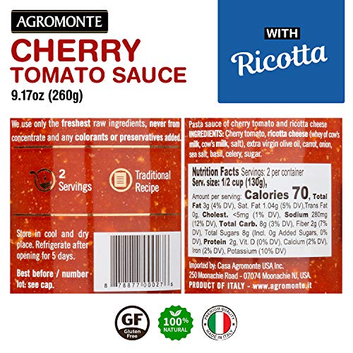 Agromonte Authentic Italian Cherry Tomato Pasta Sauce (Ricotta Cheese)- Taste of Italy Gourmet Foodie and Chef Gift - Certified Kosher, Gluten-Free, All Natural 9.17oz (2 pack)
