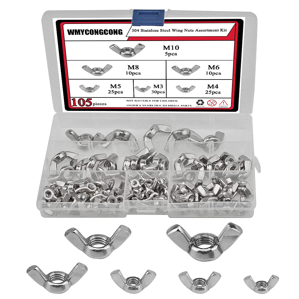WMYCONGCONG 105 PCS Wing Nuts, 304 Stainless Steel Butterfly Nuts Assortment Kit M3 M4 M5 M6 M8 M10, Hand Twist Tighten Hardware Nuts Wingnuts Fasteners Parts