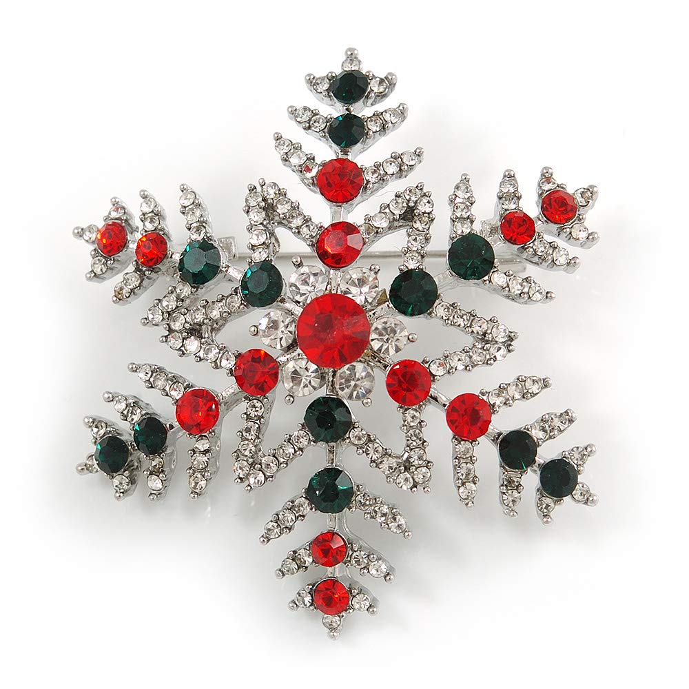 Christmas Crystal Snowflake Brooch In Silver Tone Metal (Red/Green/Clear) - 50mm Across