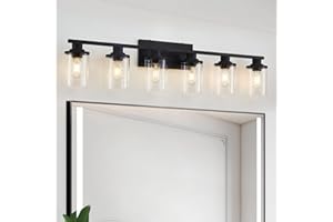 stambord Matte Black Bathroom Vanity Light Fixtures, 6 Light Bathroom Vanity Light with Clear Glass and Metal Base, Vanity Lights for Bathroom, Bathroom Light Over Mirror