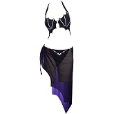 MEOWCOS Women Gothic Bikini Set Devil Wings Bikini Bathing Suit Black and Silver Swimsuit with Sarong