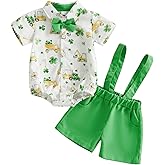 KtwHarnu Newborn Infant Baby Boy St Patricks Day Outfit Clover Button Down Short Sleeve Shirt Romper Suspender Shorts 2Pc Set
