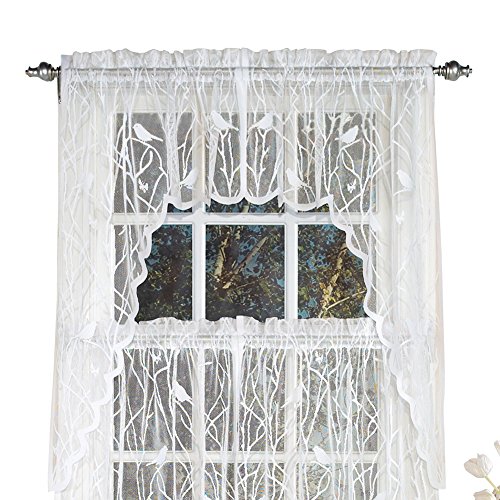 Collections Etc Lace Window Café Curtain Swags with Songbirds & Branches, White