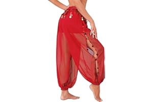 YOOJOO Women's Belly Dance Costume Coin Lantern Pants Side Split Sequin Shiny Harem Pants Arabic Halloween Trousers