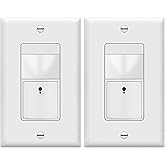 TOPGREENER PIR Motion Sensor Light Switch,No Neutral No Ground Wire, 2 Pack | Occupancy&amp;Vacancy Sensor Switch, Operable Without Ground Wire, Single Pole, UL listed, Wall Plate Included,TDOS5-HL-W, White