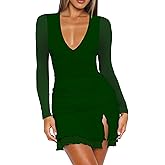 Mizoci Women's Sexy Long Sleeve Deep V Neck Mini Dress Ruched Ruffle Slit Bodycon Party Short Dresses