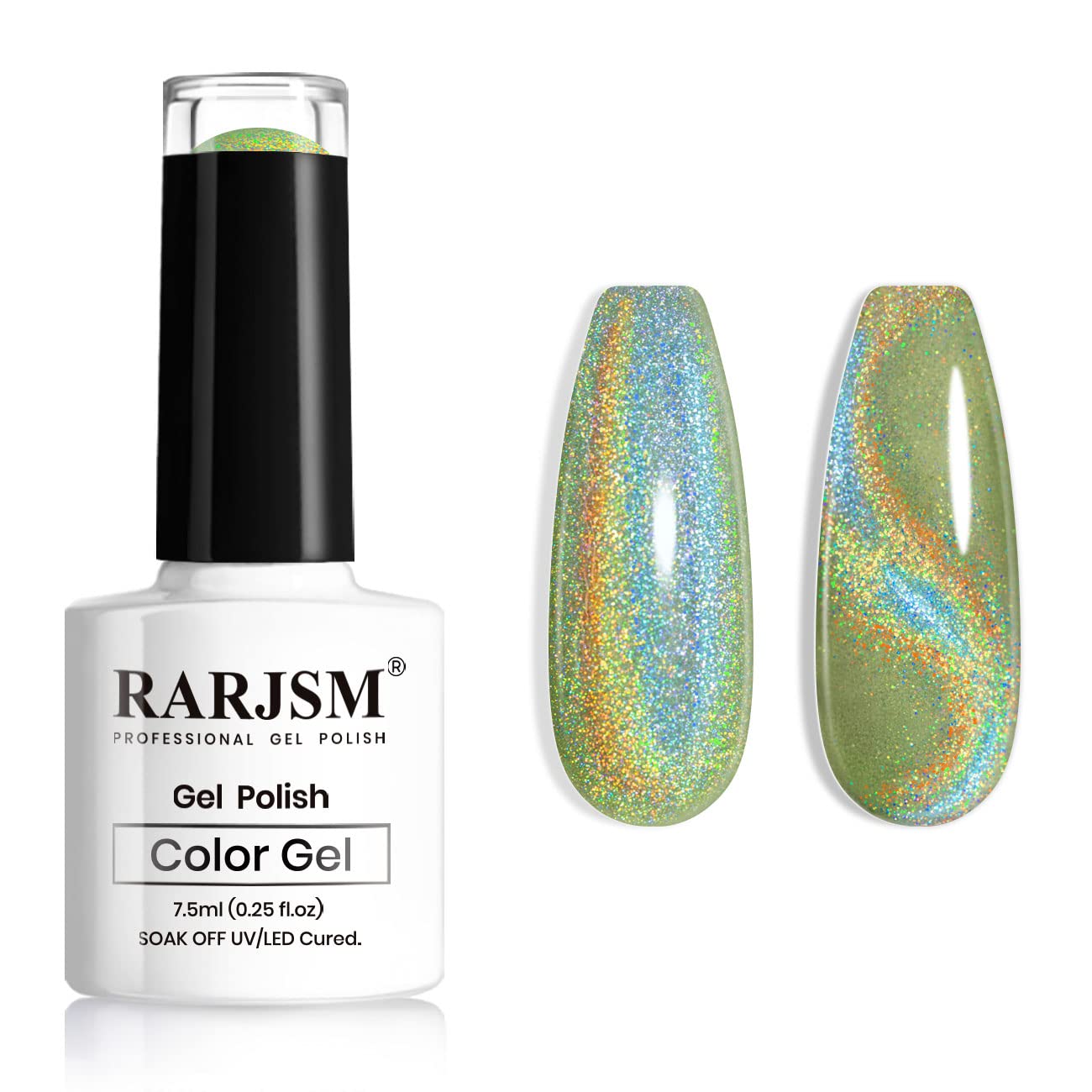 RARJSM Rainbow Cat Eye Gel Nail Polish Laser Glitter Green Gel Polish Holographic Effect Soak Off Led UV Curing Requires without Magnetic Stick for Salon Home DIY Nail Art Single Bottle 1pcs 7.5ml