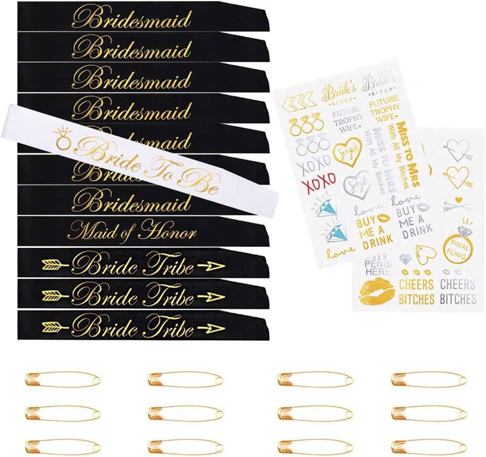 Gemich Bridesmaids sash Set with Tattoos,Bride to be sash,Maid of Honor,Bridesmaids,Bachelorette Sashes for Team Bride